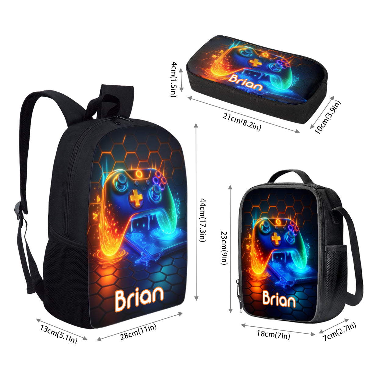 Gaming-Griff – Dreiteiliges Schultaschen-Set für Jungen mit großem Fassungsvermögen – Personalisierter Kinderrucksack, Lunchtasche, Federmäppchen
