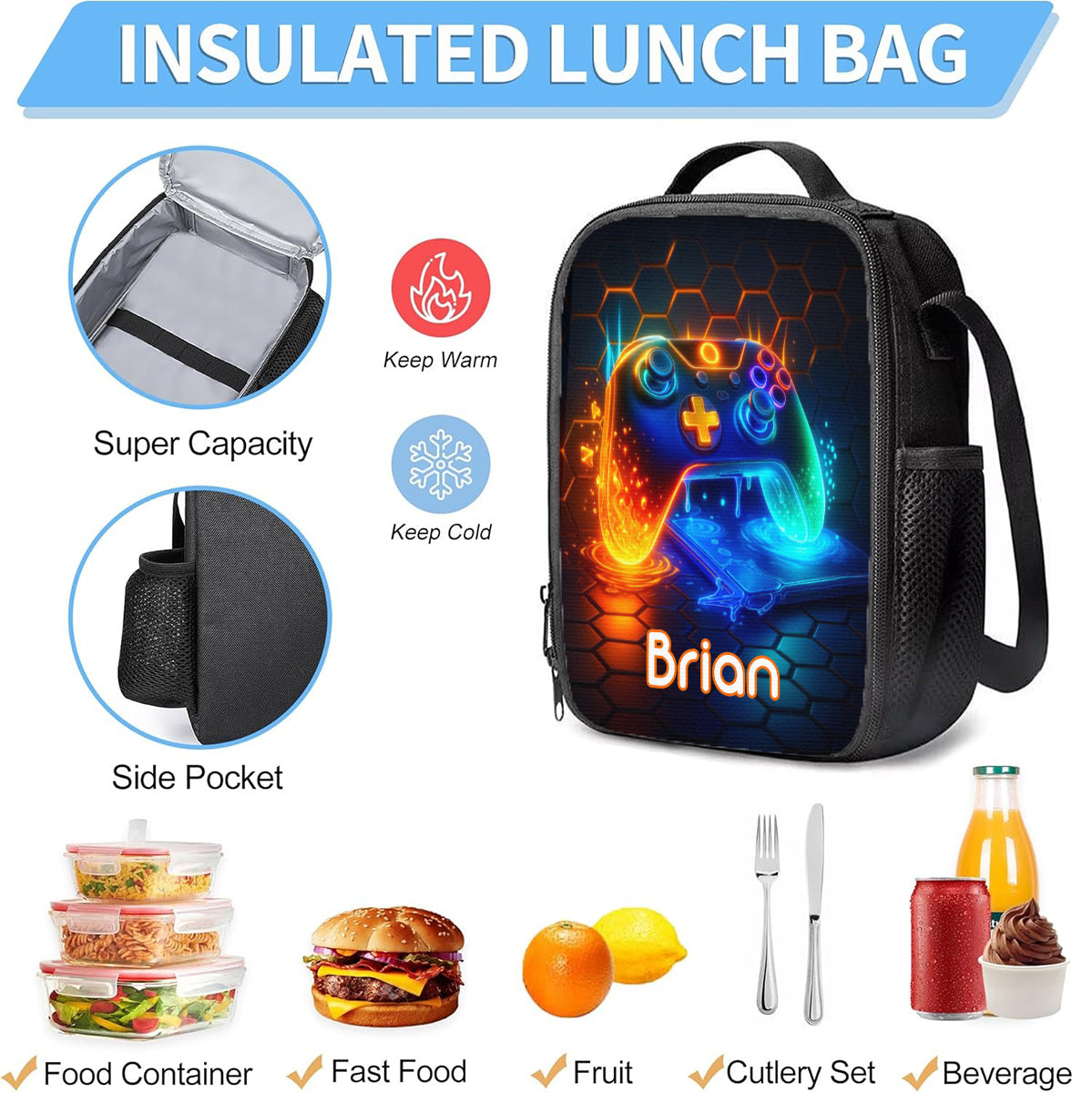 Gaming-Griff – Dreiteiliges Schultaschen-Set für Jungen mit großem Fassungsvermögen – Personalisierter Kinderrucksack, Lunchtasche, Federmäppchen