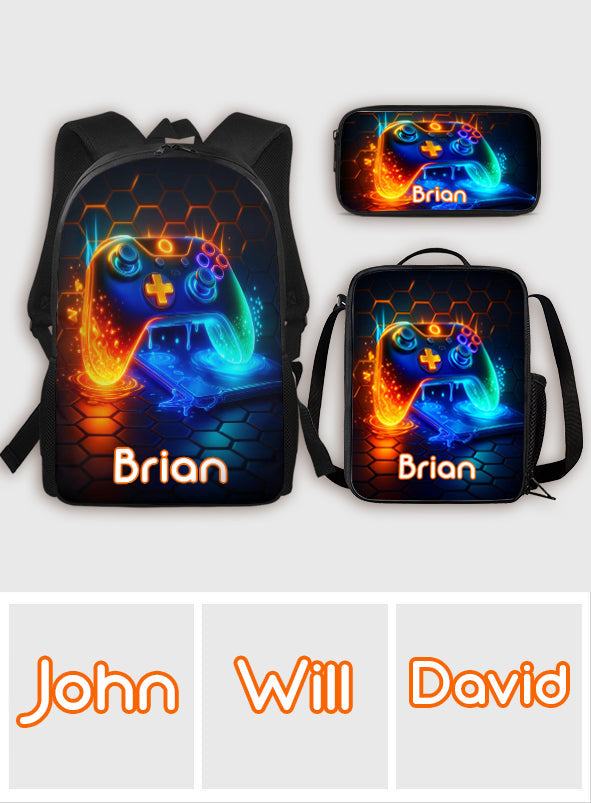 Gaming-Griff – Dreiteiliges Schultaschen-Set für Jungen mit großem Fassungsvermögen – Personalisierter Kinderrucksack, Lunchtasche, Federmäppchen