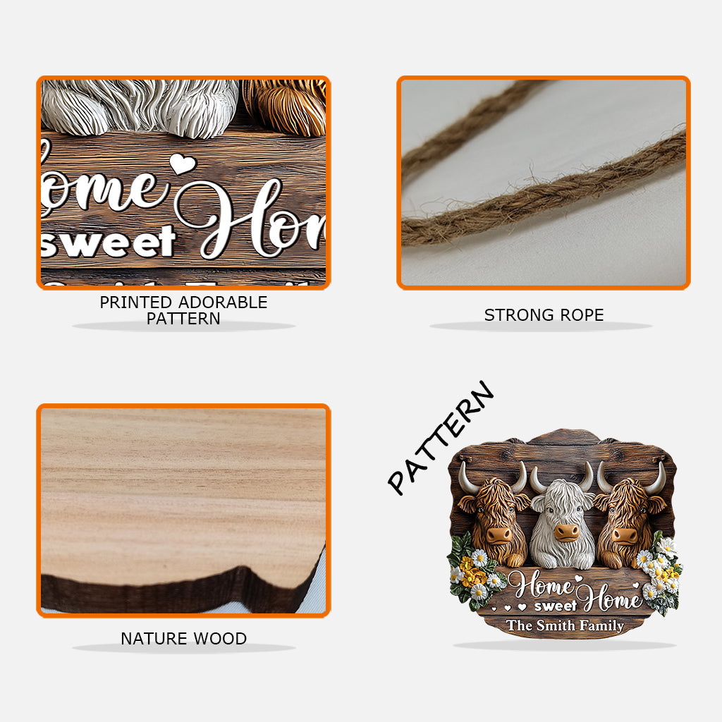 Home Sweet Home - Personalized Highland Cow Custom Shaped Wood Sign