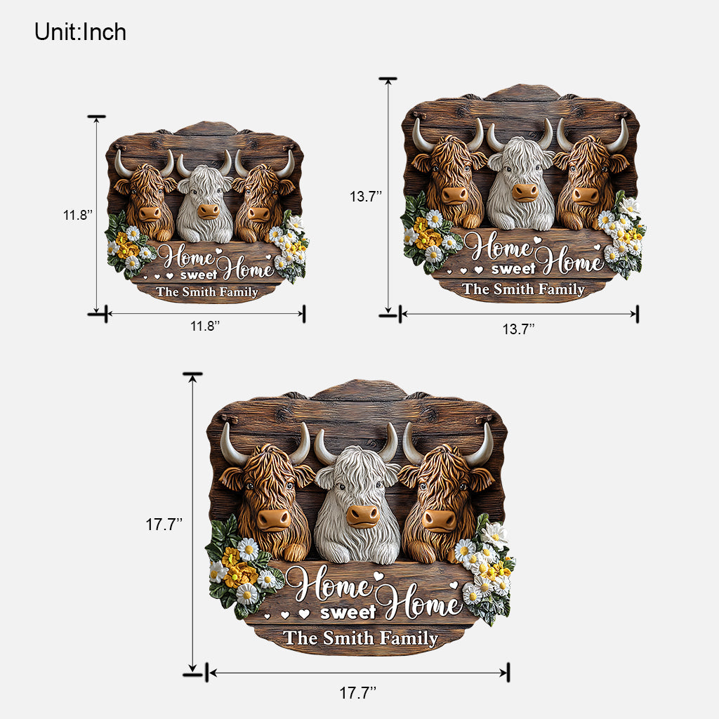 Home Sweet Home - Personalized Highland Cow Custom Shaped Wood Sign