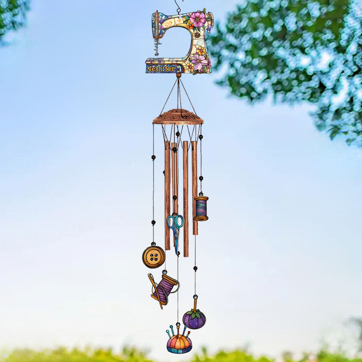 Wunderschöne Nähmaschine – Personalisiertes Näh-Windspiel mit Anhängern