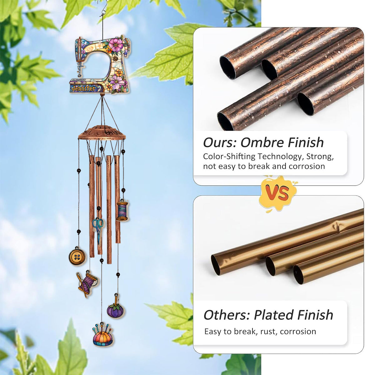 Wunderschöne Nähmaschine – Personalisiertes Näh-Windspiel mit Anhängern