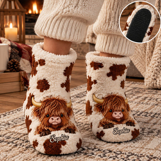 Liebe Highland Cow - Personalisierte Highland Cow Kunstfell-Bootslipper