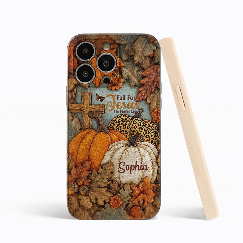 Fall for Jesus, He Never Leaves - Personalized Christian Leather Phone Case