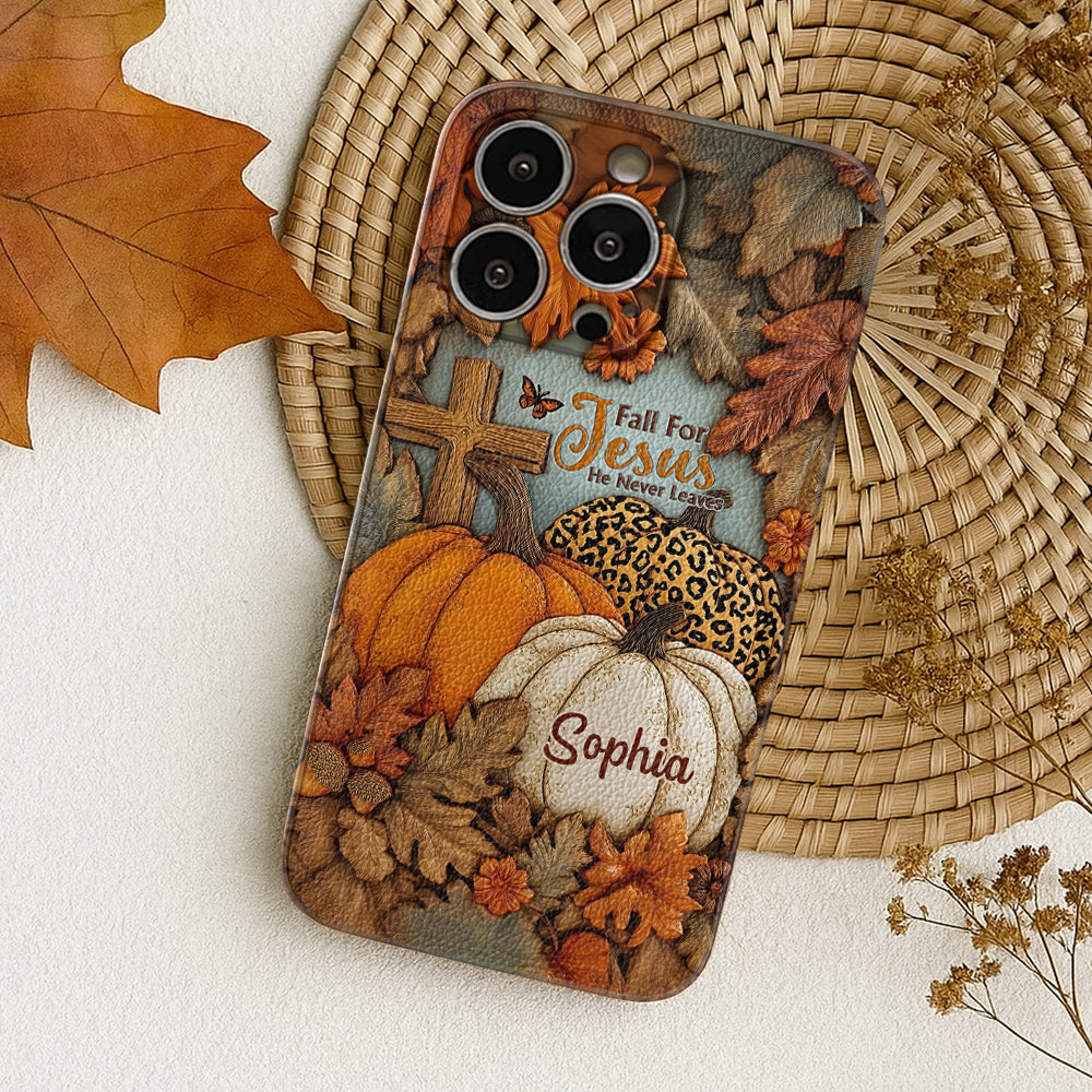 Fall for Jesus, He Never Leaves - Personalized Christian Leather Phone Case