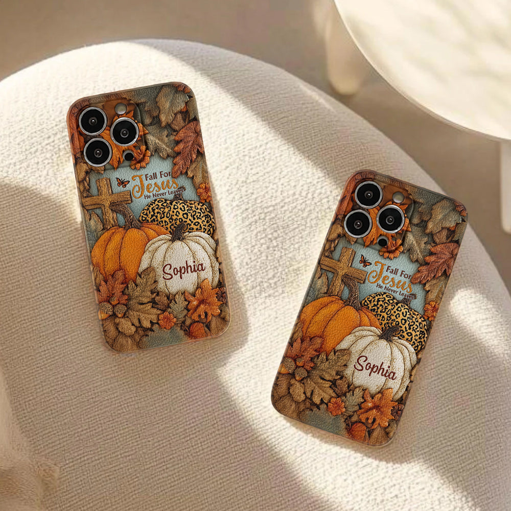 Fall for Jesus, He Never Leaves - Personalized Christian Leather Phone Case