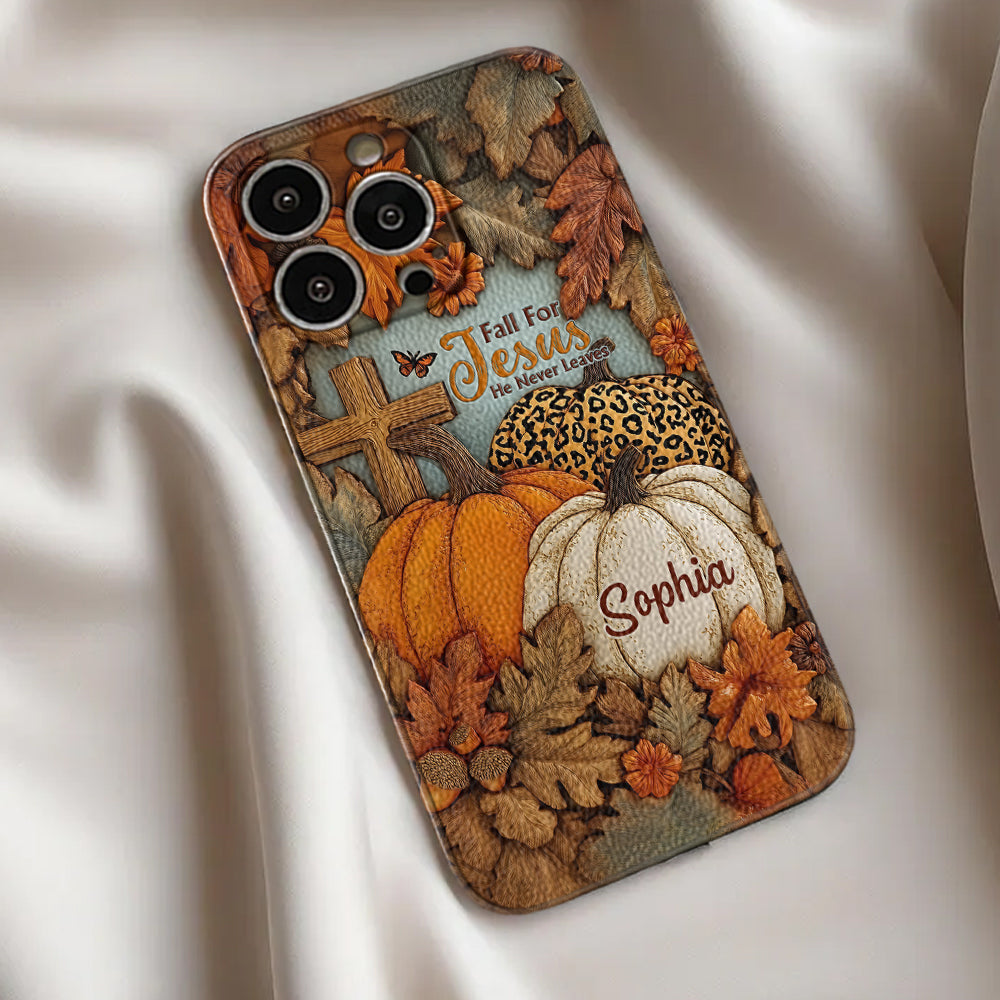 Fall for Jesus, He Never Leaves - Personalized Christian Leather Phone Case