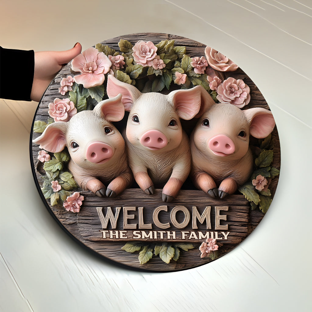 Willkommen – Personalisiertes rundes Holzschild für Schweineliebhaber