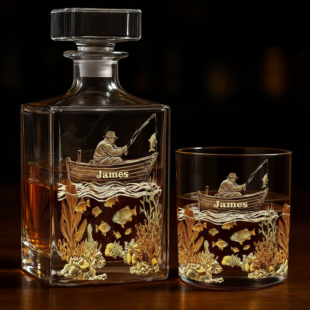 Personalized Fishing Whiskey Bottle and Glass Set - Personalized Fishing Whiskey Decanter Set