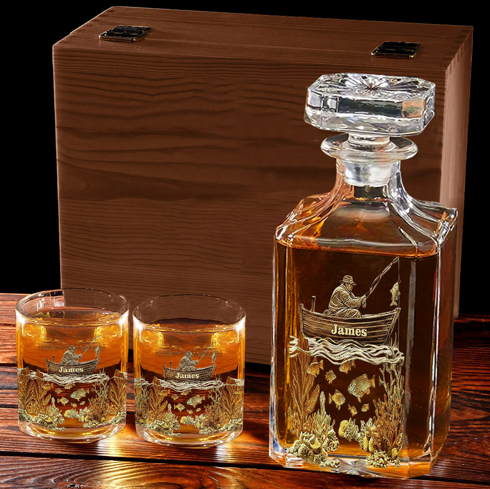 Personalized Fishing Whiskey Bottle and Glass Set - Personalized Fishing Whiskey Decanter Set