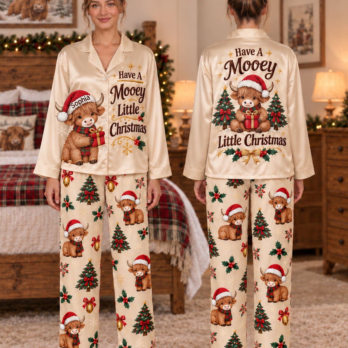 Have A Mooey Little Christmas - Personalized Highland Cow Button Down Pajamas