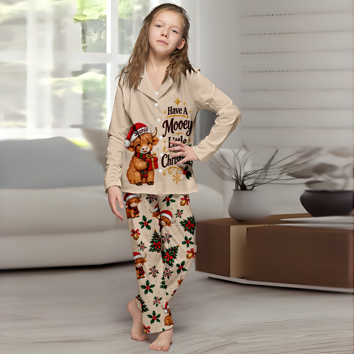 Have A Mooey Little Christmas - Personalized Highland Cow Button Down Pajamas