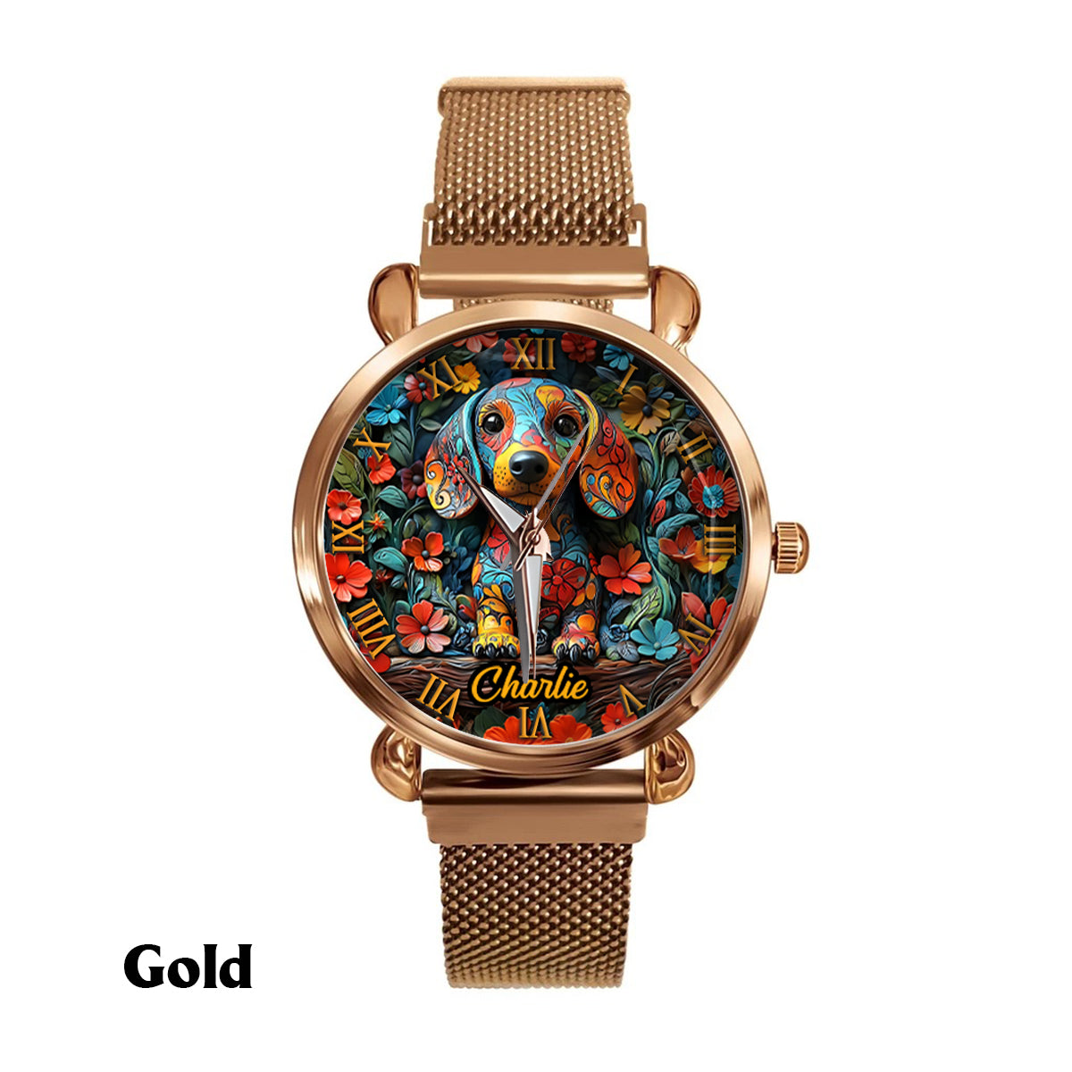 Dackel-Liebhaberinnen - Personalisierte Damen-Handuhr mit Hundemotiv 