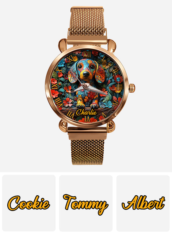 Dackel-Liebhaberinnen - Personalisierte Damen-Handuhr mit Hundemotiv 
