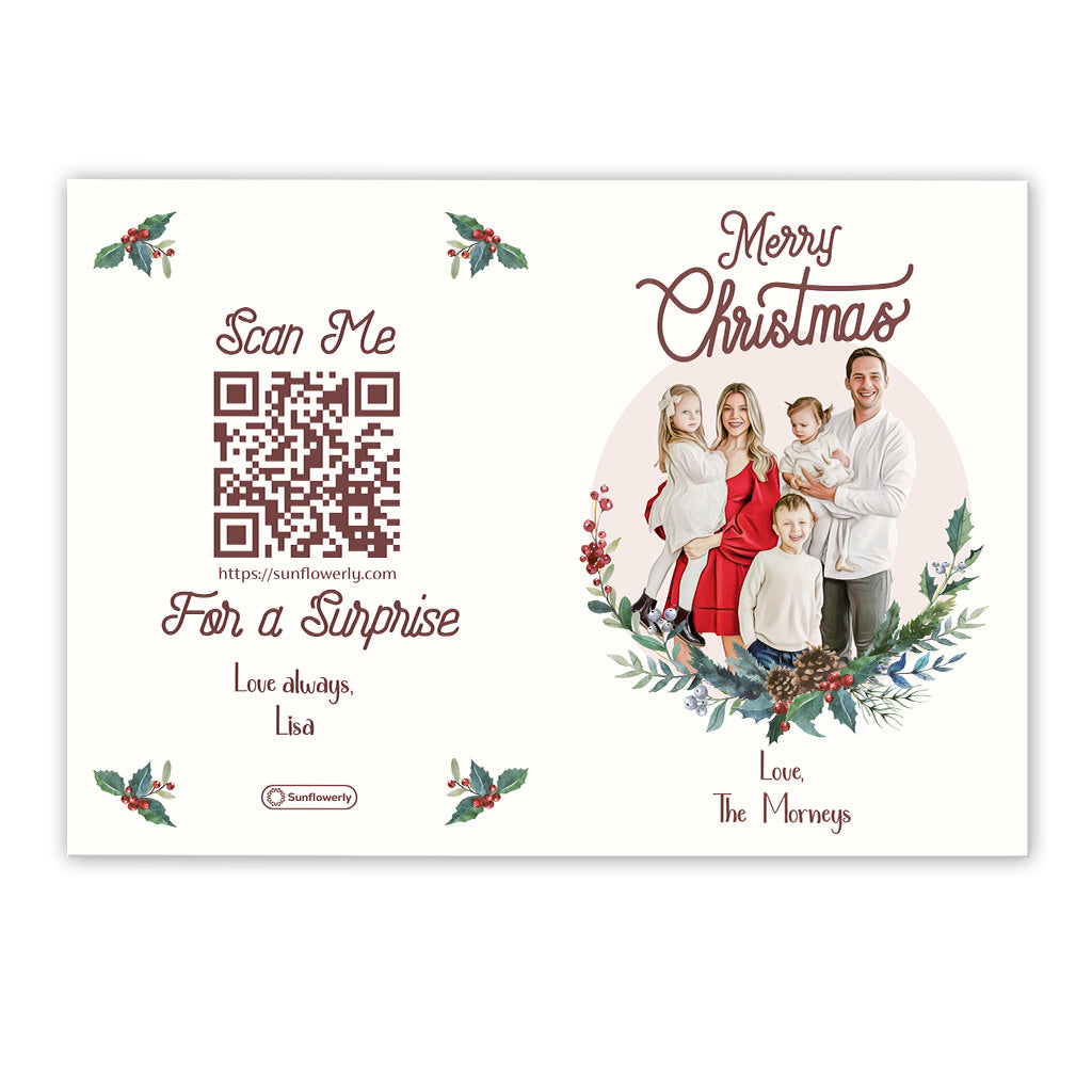 Merry Christmas Photo Upload In The Circle - Personalized QR Greeting Card
