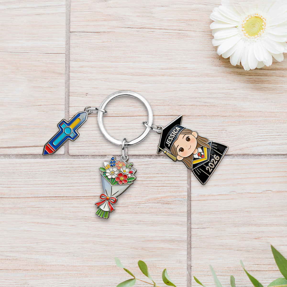 Abschlussgeschenk – Personalisierter Schlüsselanhänger mit Anhängern