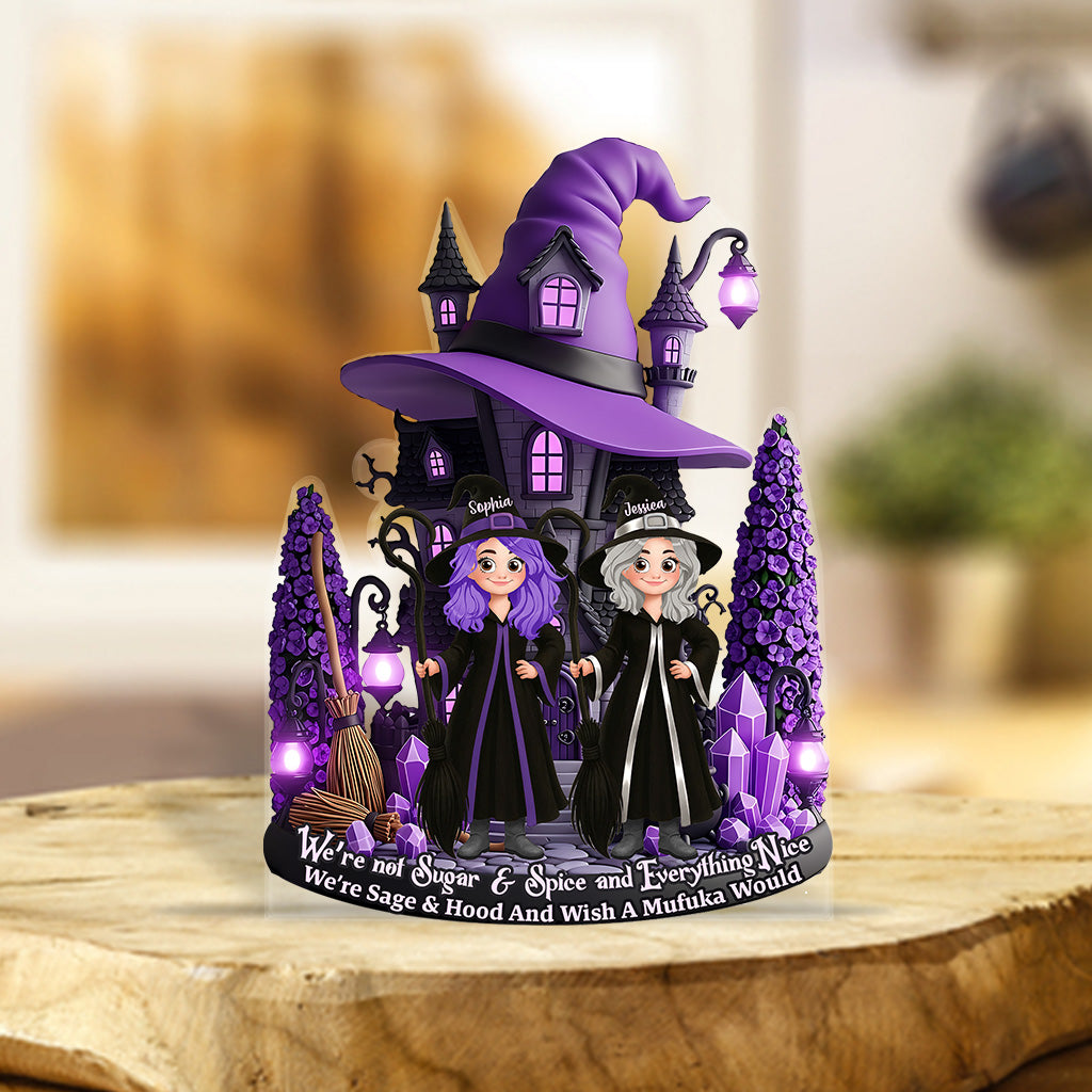 Hexenfreunde – Personalisierte Acrylplakette in Hexenform