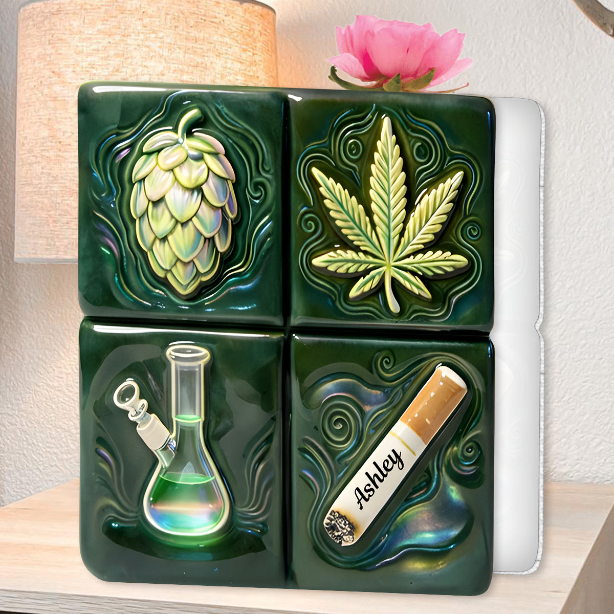Grünes Zauberblatt – Personalisierte Acryl-Blumenvase in Cannabis-Form