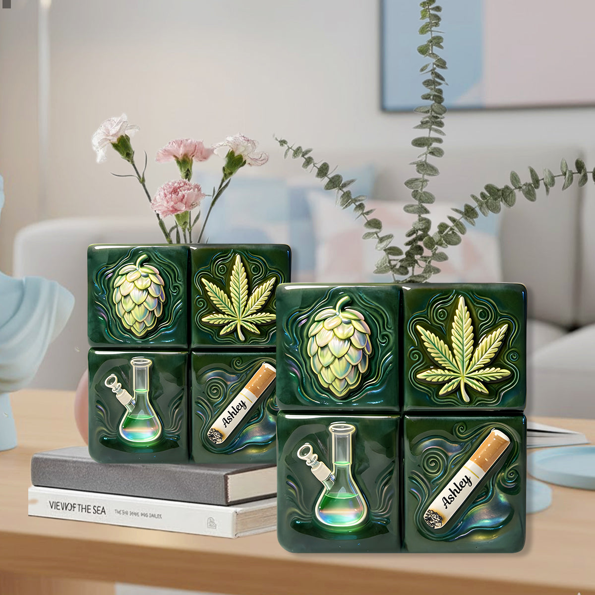 Grünes Zauberblatt – Personalisierte Acryl-Blumenvase in Cannabis-Form