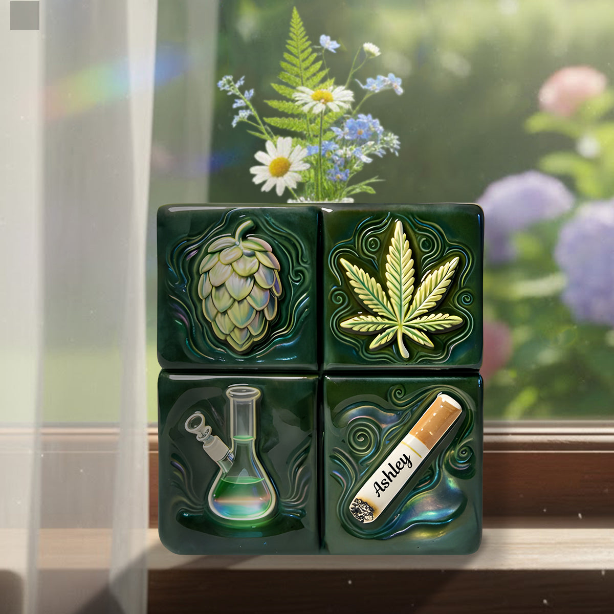 Grünes Zauberblatt – Personalisierte Acryl-Blumenvase in Cannabis-Form