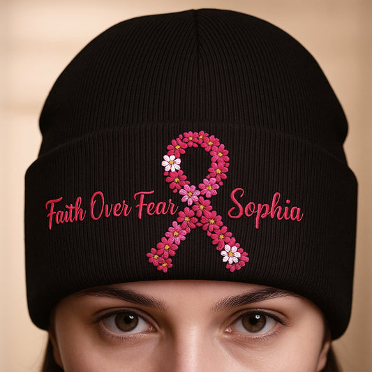 Breast Cancer Awareness Embroidered Beanie - Personalized Breast Cancer Awareness Embroidered Beanie