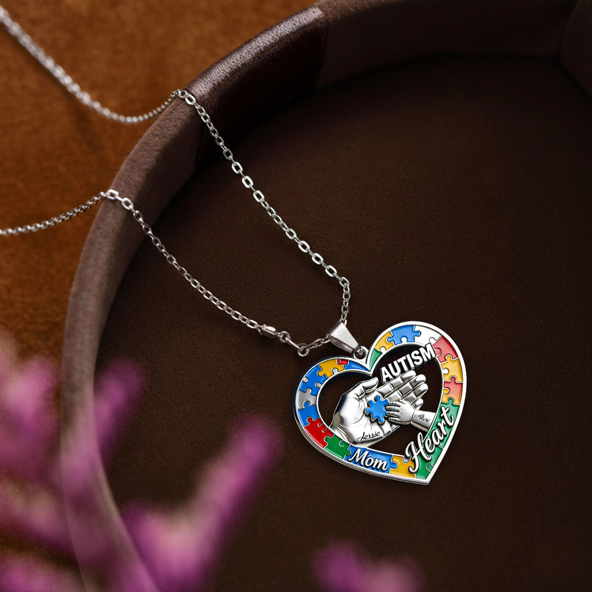 Autism Mom Heart - Personalized Autism Awareness Shaped Metal Pendant Necklace