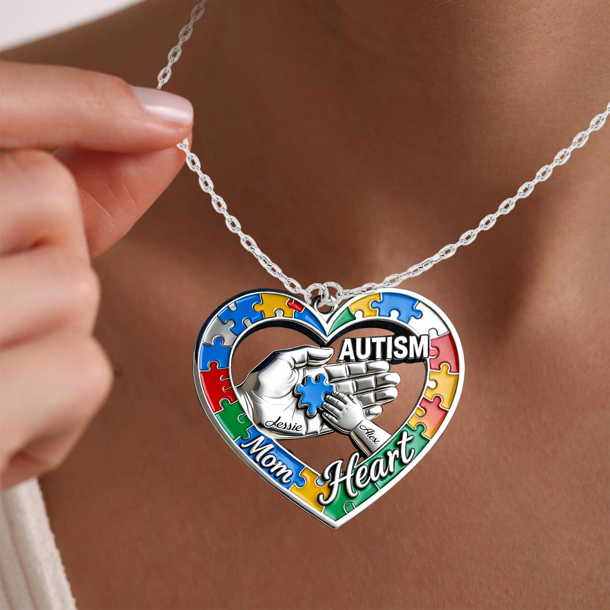 Autism Mom Heart - Personalized Autism Awareness Shaped Metal Pendant Necklace