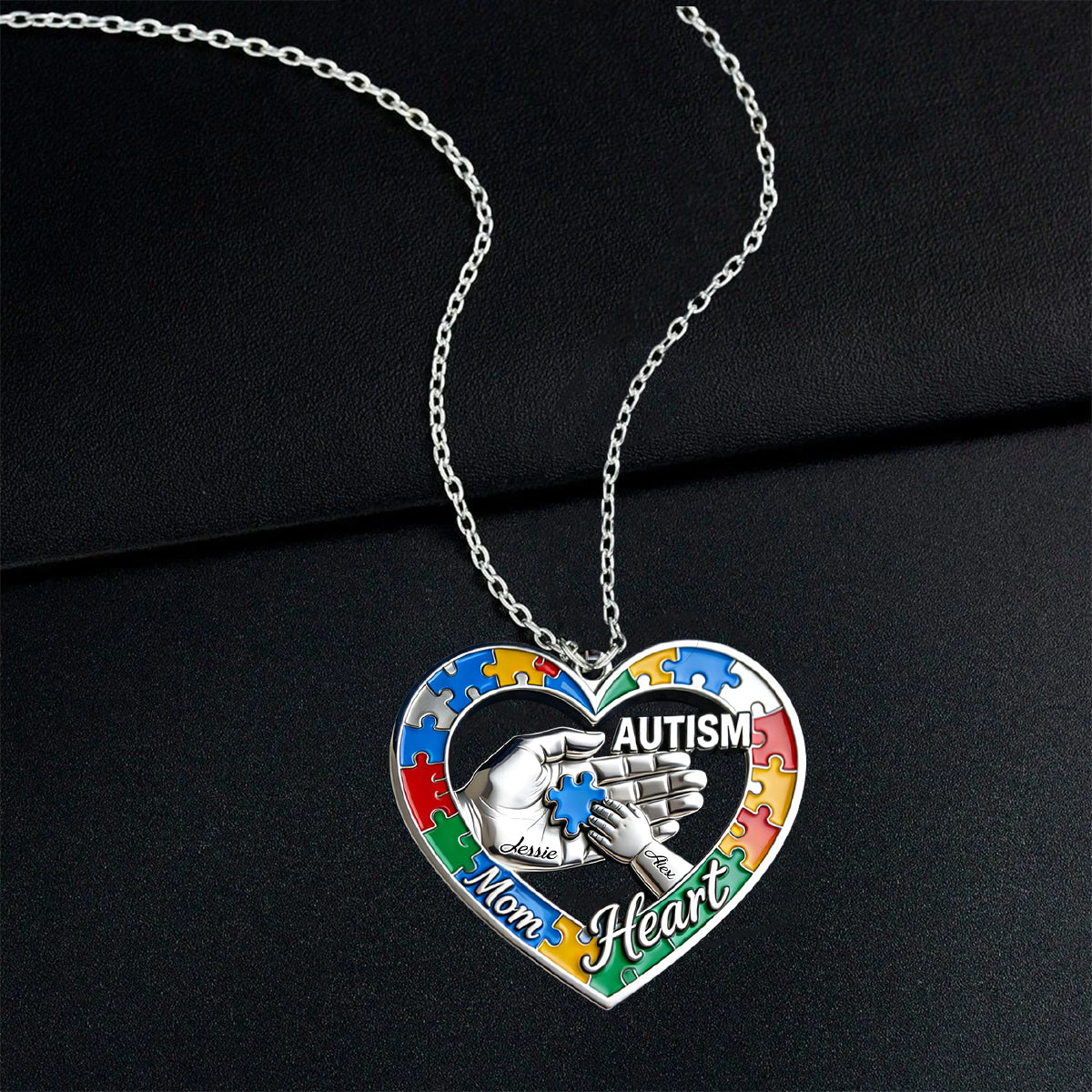 Autism Mom Heart - Personalized Autism Awareness Shaped Metal Pendant Necklace