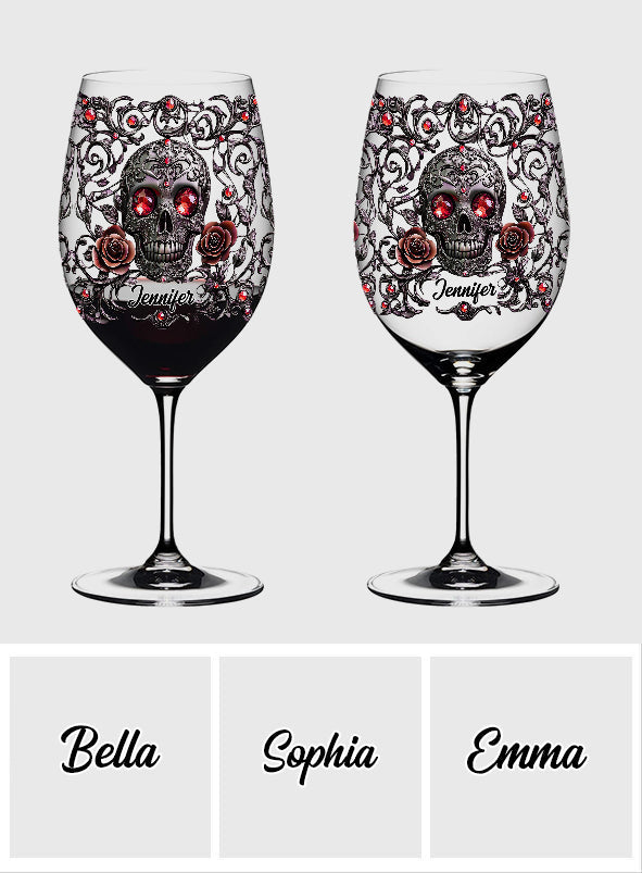 Totenkopf, Wein & Rosen – Personalisiertes Weinglas mit langem Stiel