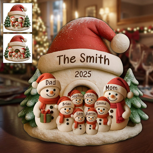 Schneemannfamilie – Personalisierte, individuell geformte Weihnachtsplakette aus Acryl
