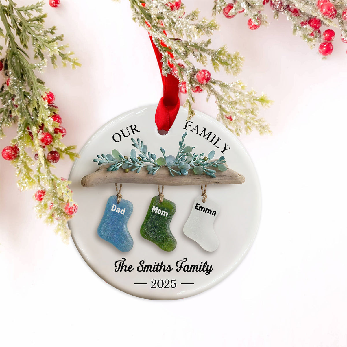 Our Family, Merry Christmas 2025 - Personalized Family Ceramic Circle Ornament