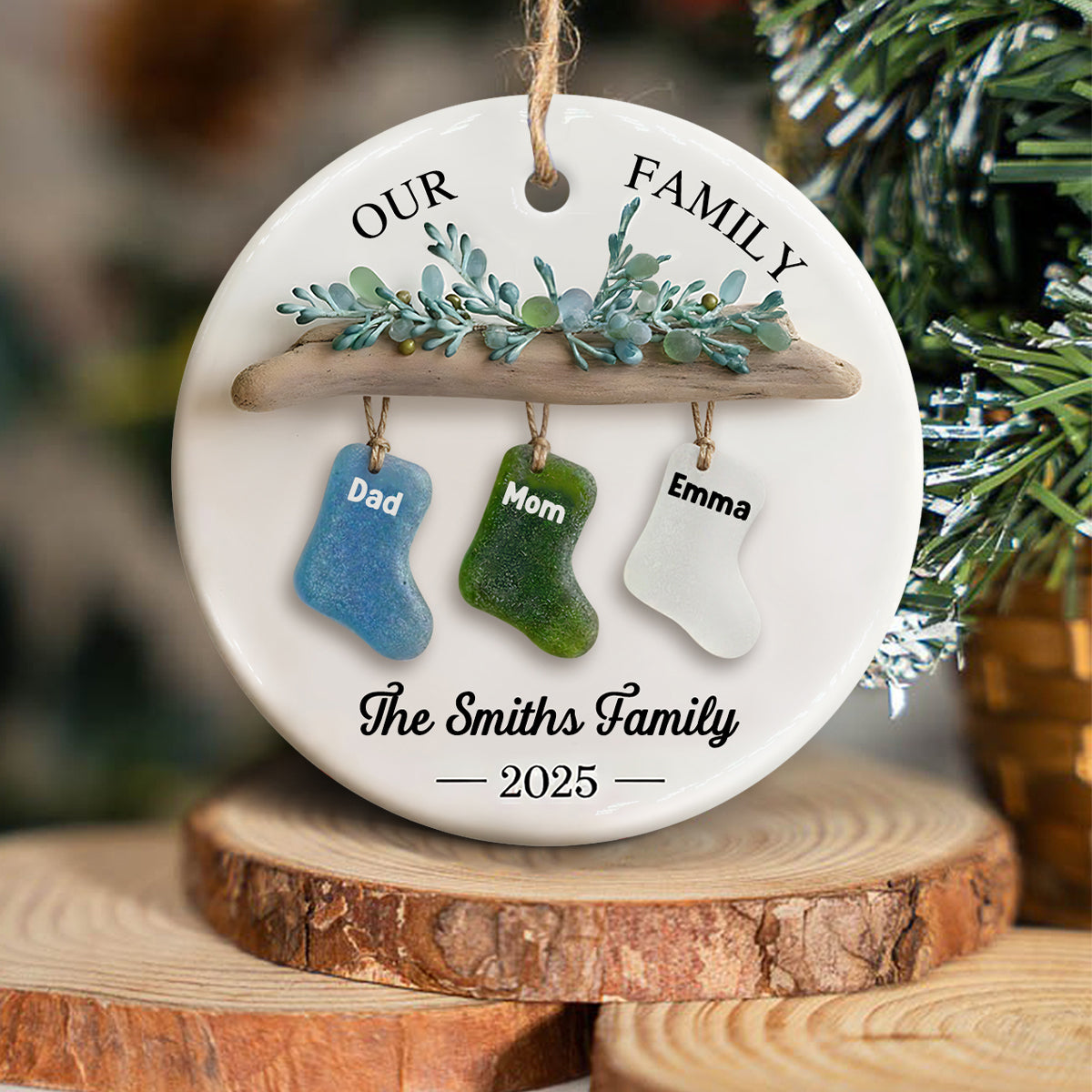 Our Family, Merry Christmas 2025 - Personalized Family Ceramic Circle Ornament
