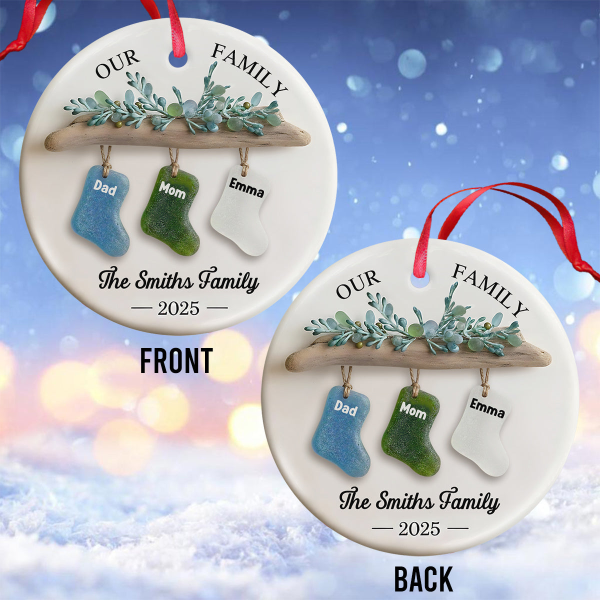 Our Family, Merry Christmas 2025 - Personalized Family Ceramic Circle Ornament