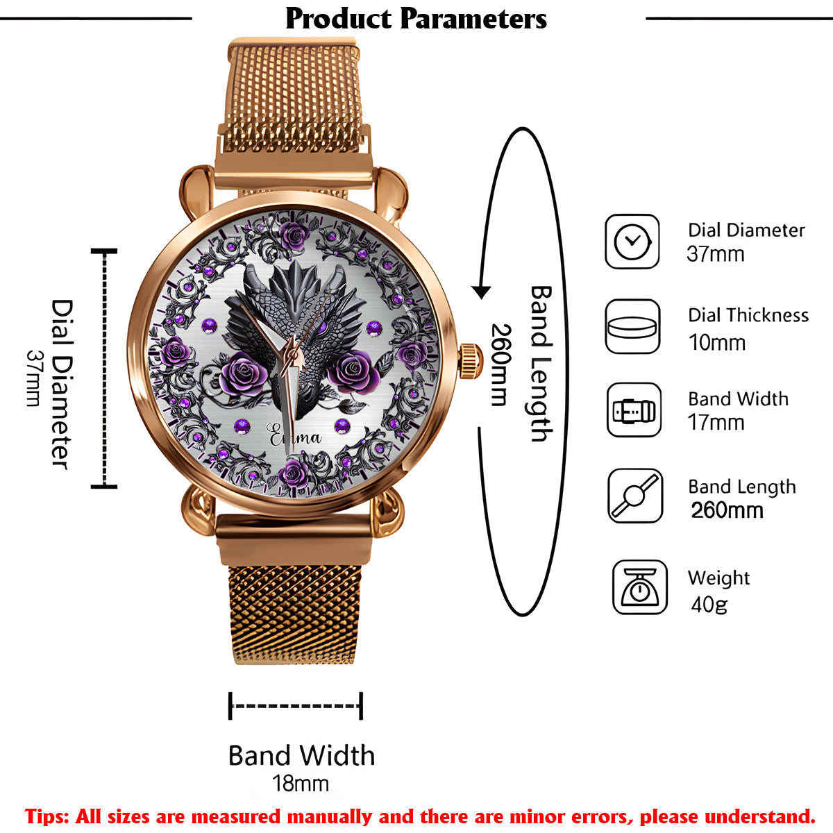 Dragon And Roses - Personalized Dragon Women Hand Watch
