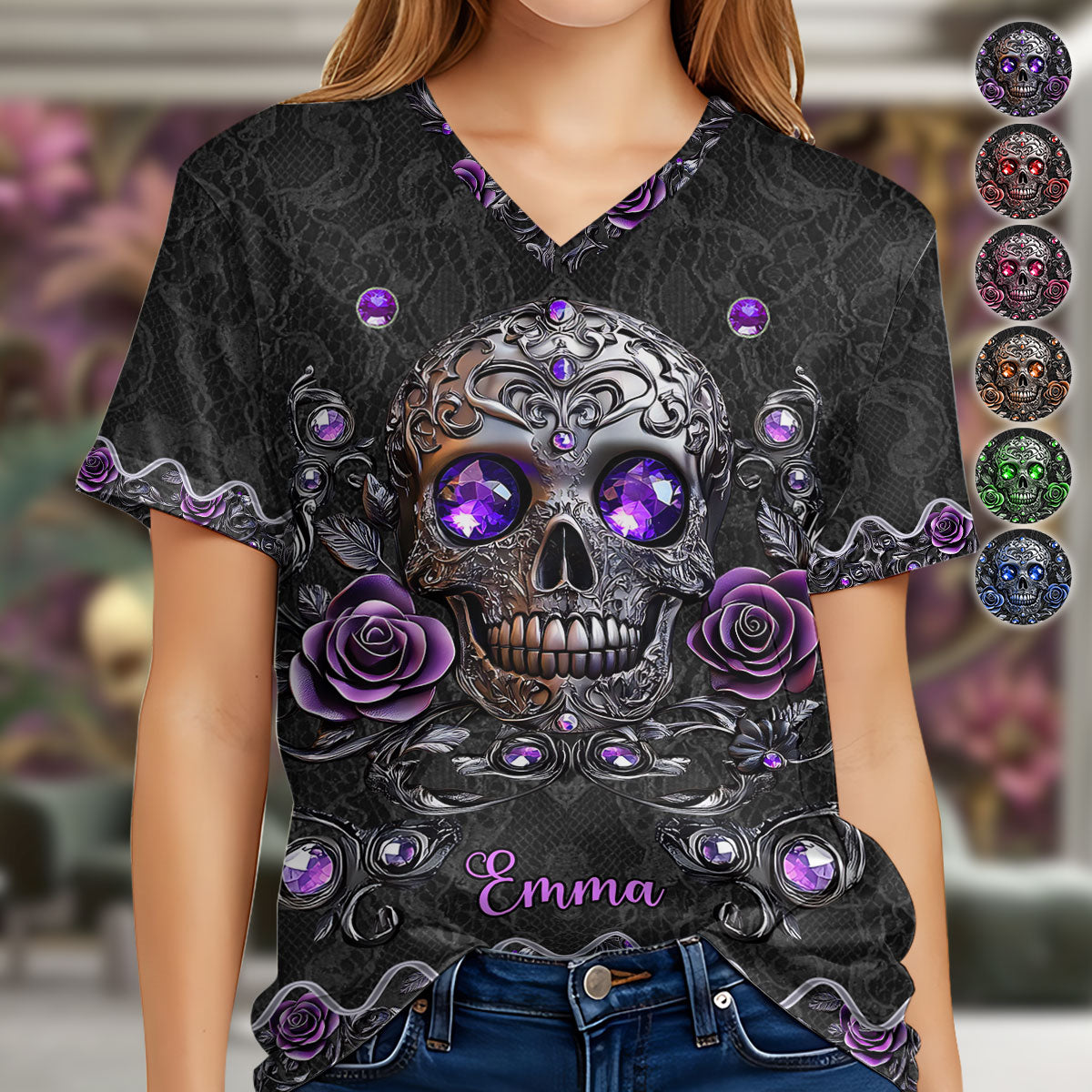 Beautiful Skull And Roses - Personalized Skull Fully Printed V-Neck T-Shirt