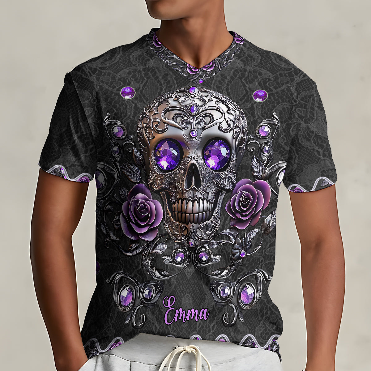 Beautiful Skull And Roses - Personalized Skull Fully Printed V-Neck T-Shirt