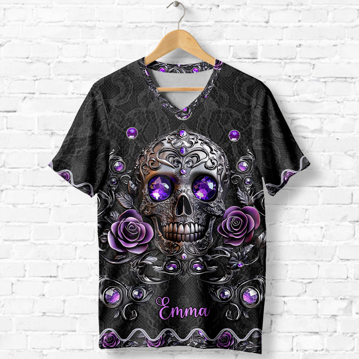 Beautiful Skull And Roses - Personalized Skull Fully Printed V-Neck T-Shirt