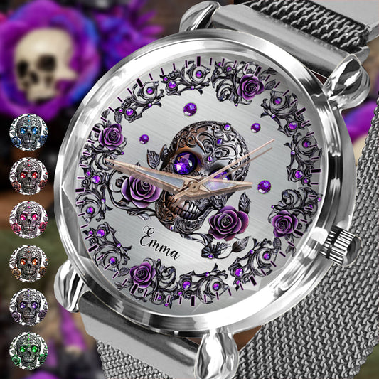 Wunderschöne Totenkopf- und Rosen-Armbanduhr mit Totenkopfmotiv – personalisierte Damenuhr