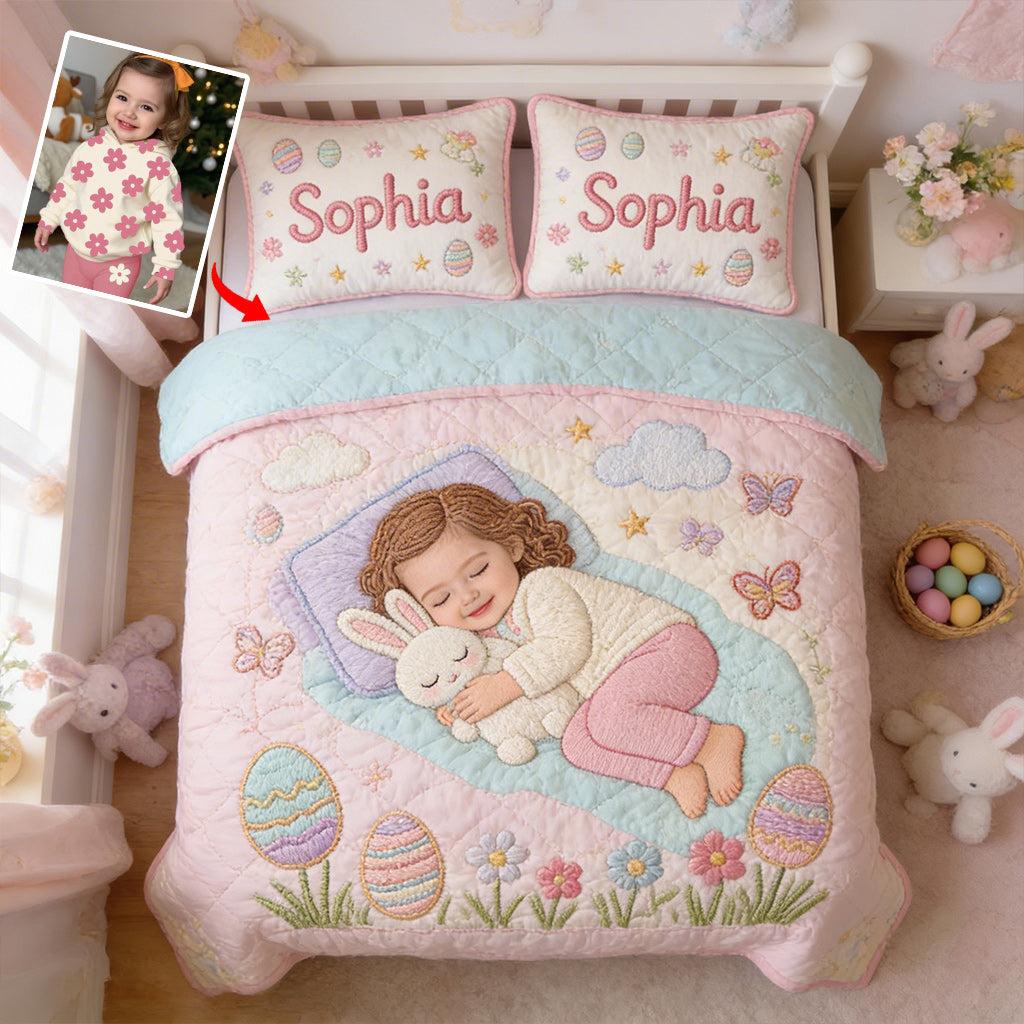 Kid With Easter Bunny - Personalized Kid Quilt Set
