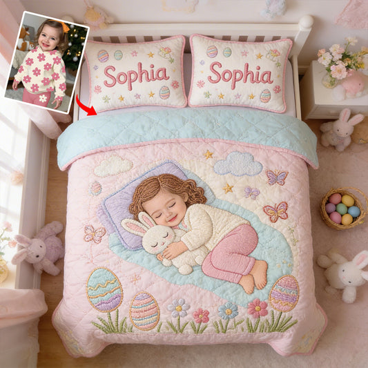 Kid With Easter Bunny - Personalized Kid Quilt Set