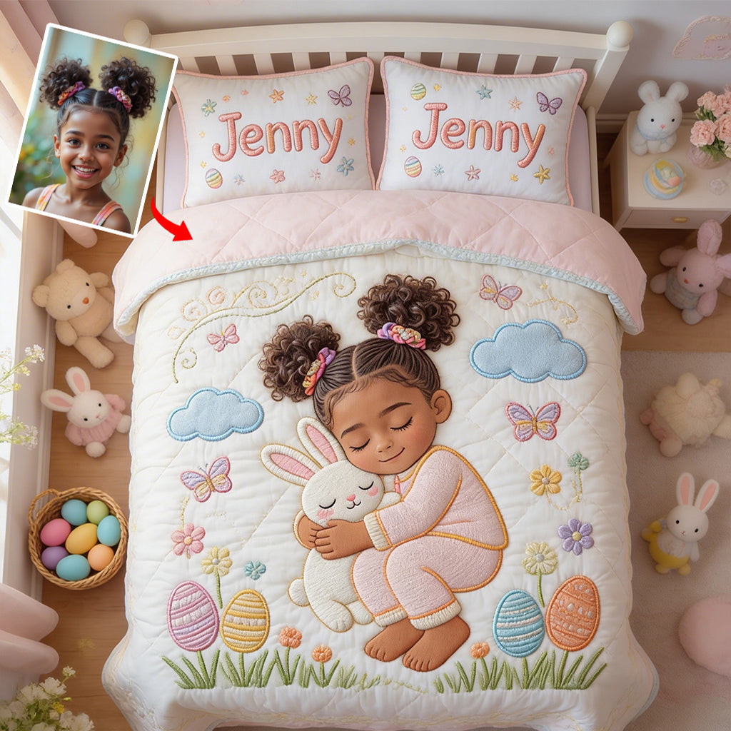 Kid With Easter Bunny - Personalized Kid Quilt Set