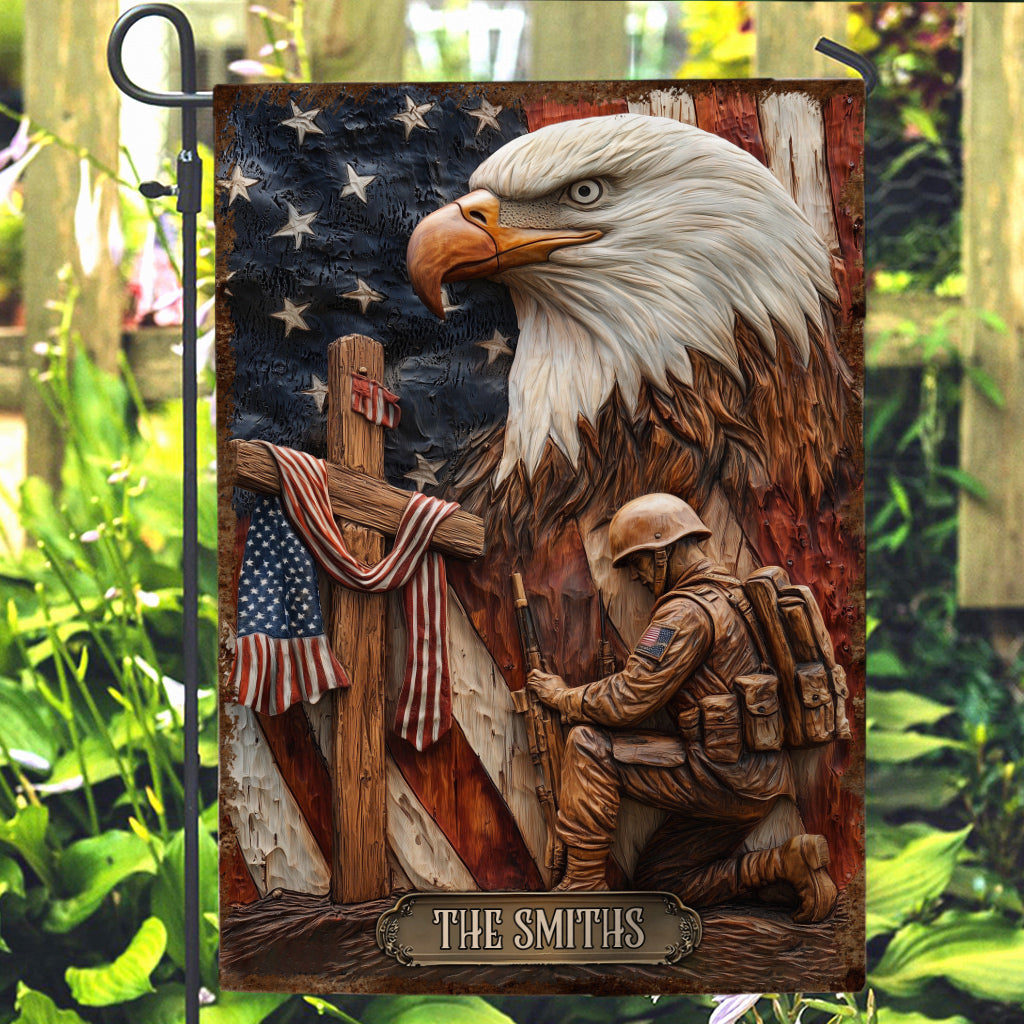 Patriotic Eagle Kneeling Soldier Christ Cross - Personalized Veteran Garden Flag