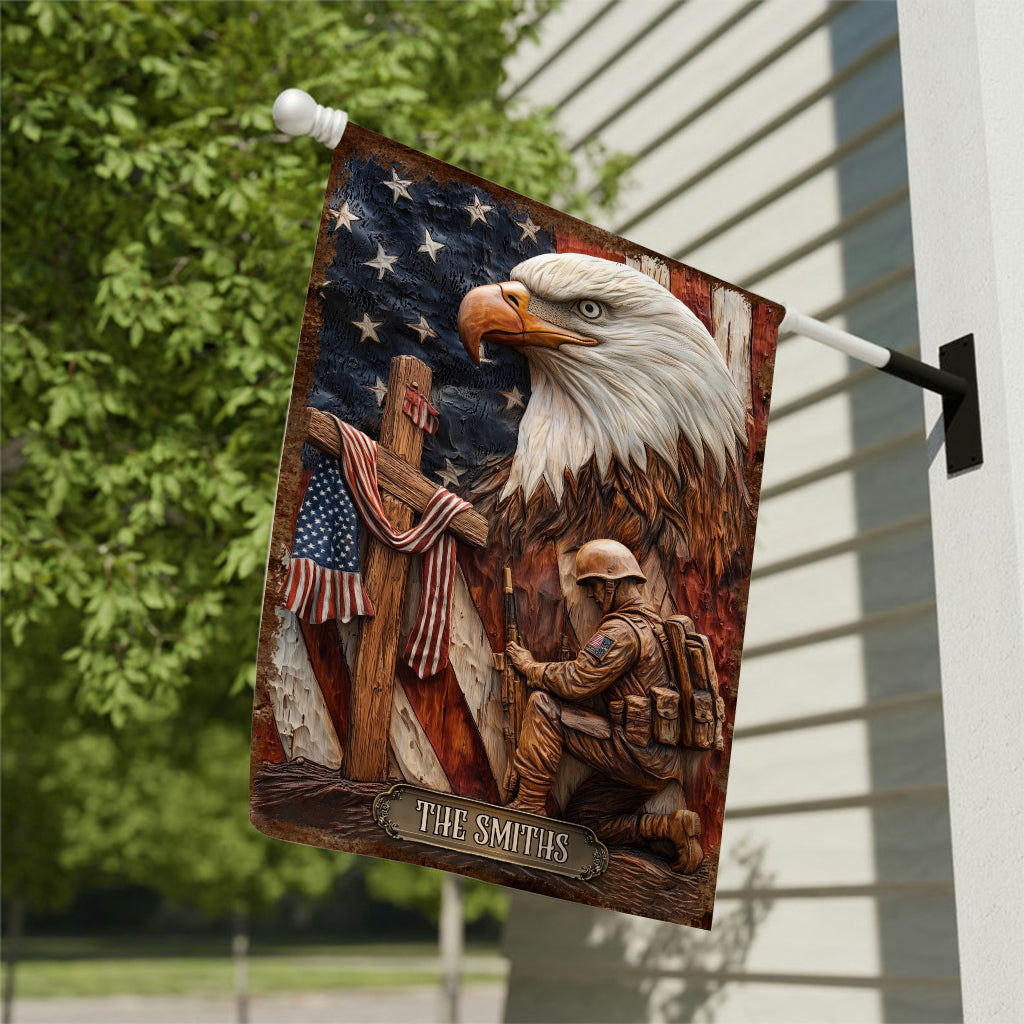Patriotic Eagle Kneeling Soldier Christ Cross - Personalized Veteran Garden Flag