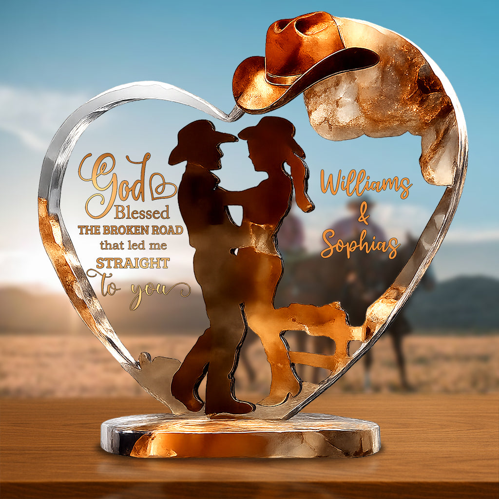 Cowboy- und Cowgirl-Pärchen – Gott segne sie – Personalisierte Acrylplakette in Cowgirl-Form