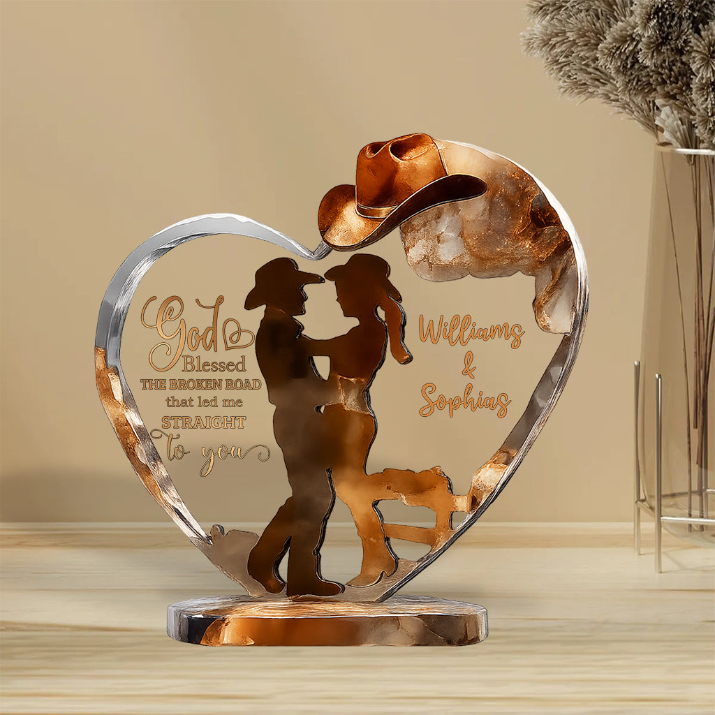 Cowboy- und Cowgirl-Pärchen – Gott segne sie – Personalisierte Acrylplakette in Cowgirl-Form