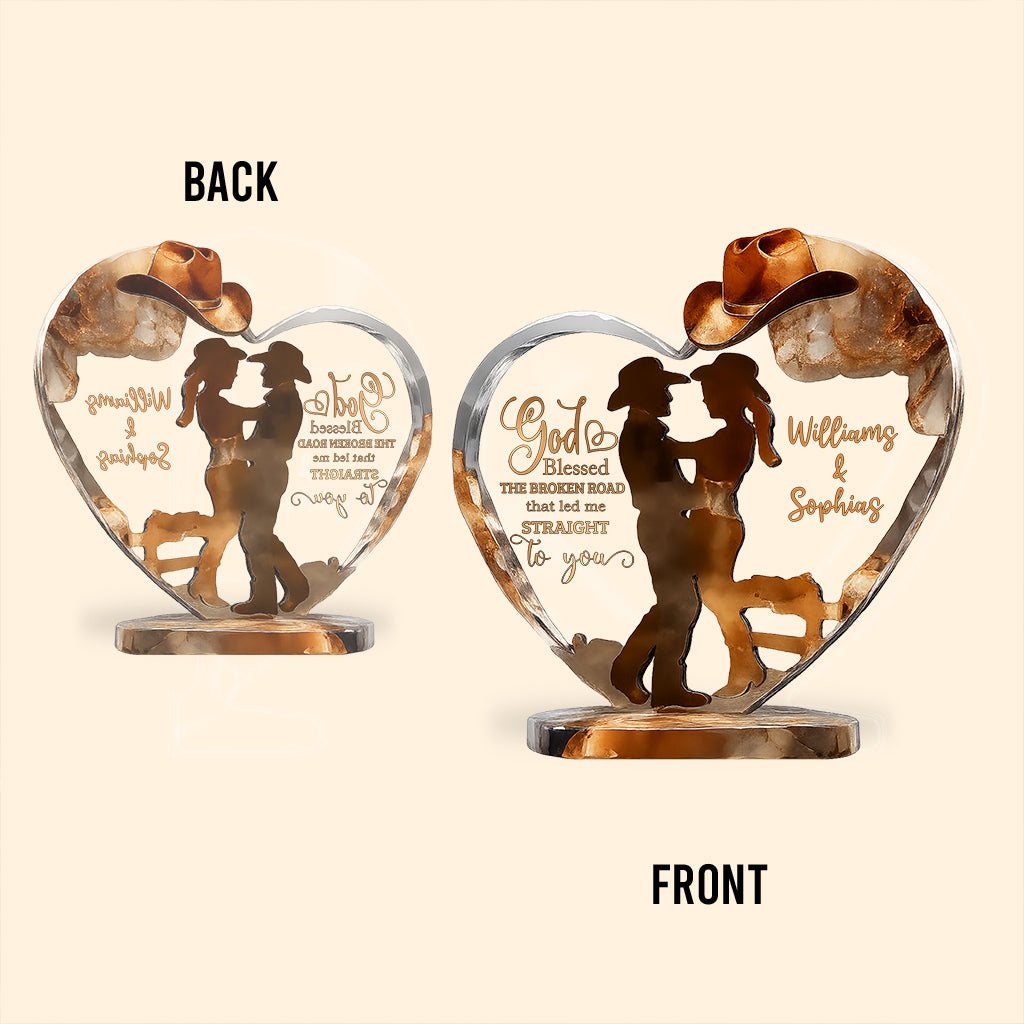 Cowboy- und Cowgirl-Pärchen – Gott segne sie – Personalisierte Acrylplakette in Cowgirl-Form