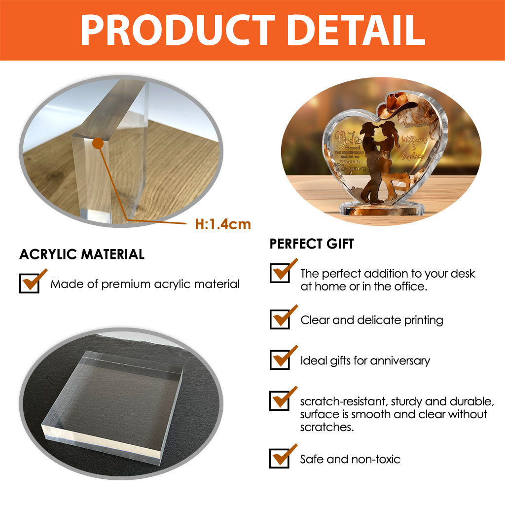 Cowboy- und Cowgirl-Pärchen – Gott segne sie – Personalisierte Acrylplakette in Cowgirl-Form