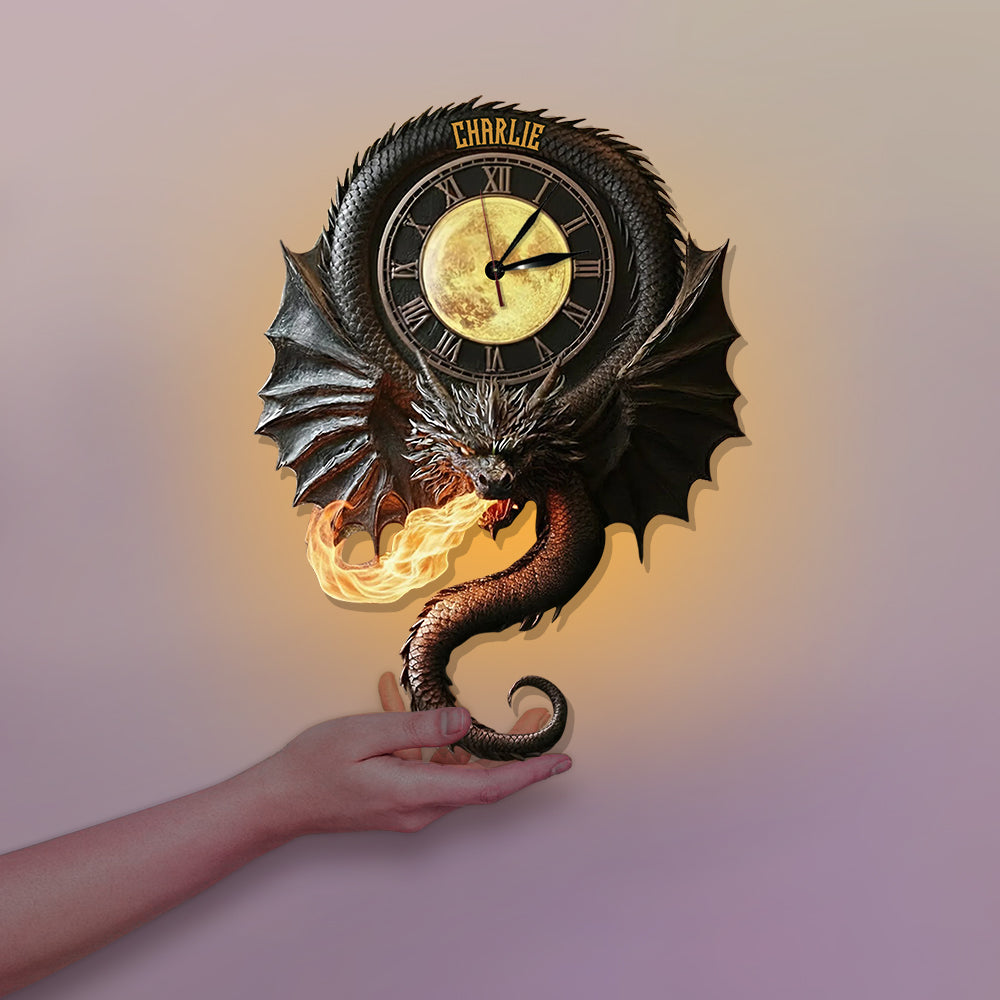Dark Magical Dragon - Personalized Dragon LED Light Wall Clock