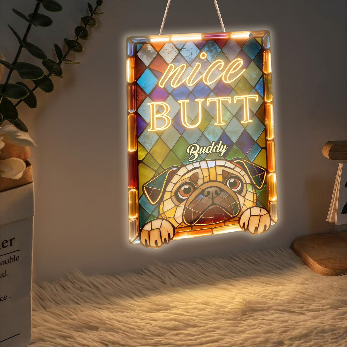 Neugieriges Haustier, schöner Po - Personalisiertes LED-Licht-Acrylschild für Hunde